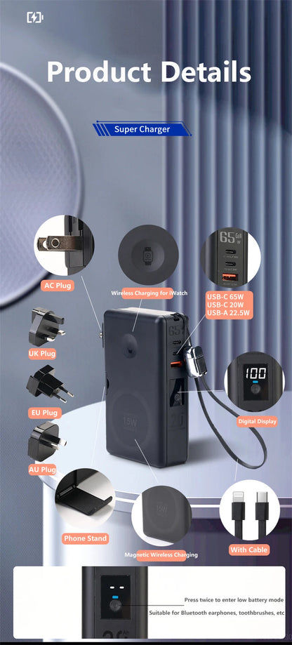 6in1 Power Bank 20000mAh 65W PD Fast Charger with Type-C Cable Portable Powerbank for Laptop Mobile Phone External Spare Battery DesiNest