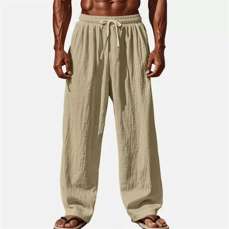 Men's Cotton-linen Solid Color Drawstring Elastic.